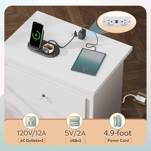 WLIVE White Nightstand with Charging Station, Wood Night Stand with 3 Drawers Storage, Tall Bedside Table End Side Tables with 2 USB Ports and Outlets for Bedroom, Closet, White - color: White