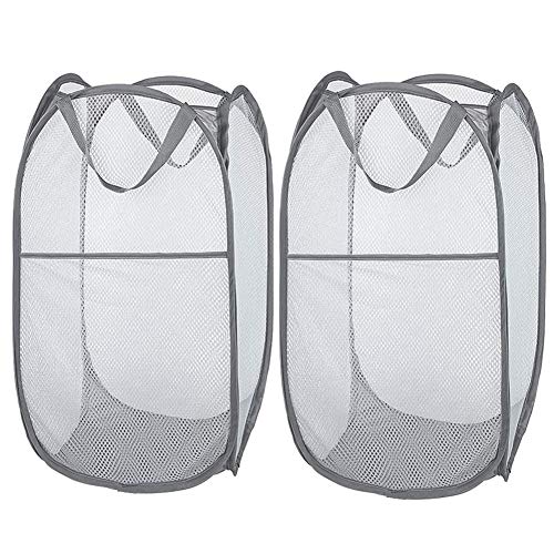 Larpur 2 Pcs Popup Mesh Laundry Baskets, Collapsible and Portable Clothes Washing Laundry Hampers with Reinforced Carry Handles, Gray Clothes Hamper for Home, Travel, College Dorm - color: 2*Grey