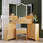 FURSUN Fluted Makeup Vanity Desk with HD 3 Way Mirror and Lights, 51" Large Corner Vanity Table with Charging Station, Dressing Table with 4 Drawers & 2 Storage Cabinets for Bedroom, Natural Oak - size: 20.0"D x 51.2"W x 56.3"H, style: Natural Oak