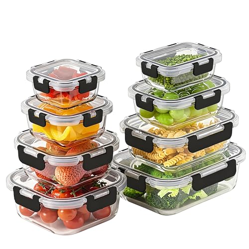 8 Pack Borosilicate Glass Food Storage Containers with Lids, Glass Meal Prep Containers, Airtight Bento Lunch Boxes with Snap Locks, Oven, Freezer and Dishwasher Safe, BPA Free, Kitchen Storage Set - color: Deep Black