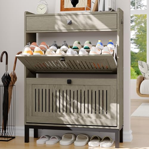 2-Door Flip Front Shoe Cabinet with Adjustable Shelves – Hidden Entryway Storage Organizer for Hallway, Foyer, Living Room – Freestanding Wooden Shoe Rack with Large Capacity & Modern Design, Grey - color: Grey, size: 9.45"D x 31.4"W x 43.4"H