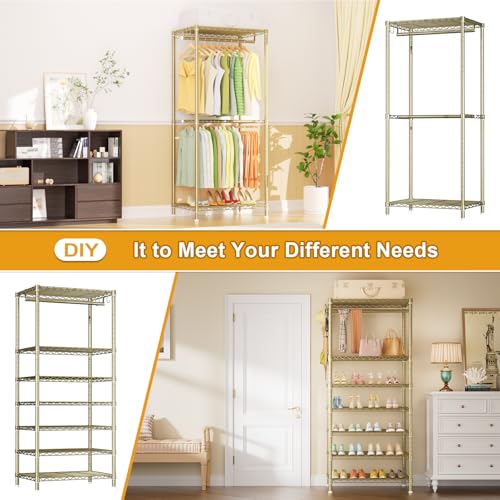 Ulif E13 Heavy Duty Clothes Rack（With 4 Hanger Rods & 8 Shelves） Freestanding Clothing Racks for Hanging Clothes，Adjustable Closet Organizer，Metal Garment Rack 63" W x16 D x77 H，Max Load 900LBS，Gold - color: Gold, size: E13