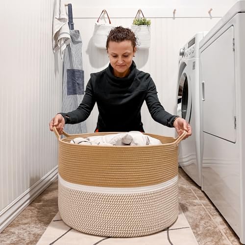 CHICVITA XXL Extra Large Cotton Rope Woven Basket with Handles, Throw Blanket Storage Basket, Decorative Clothes Hamper - 22" x 22" x 14", Brown&White - color: Brown and White