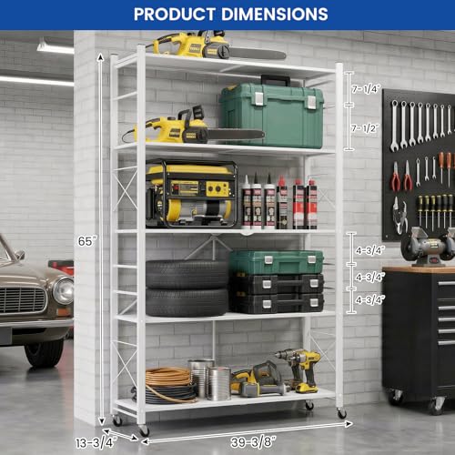 ALANNG 40" W Foldable 5-Tier Storage Shelves with Wheels, Adjustable & Removable Metal Rack, Heavy Duty Rolling Organizer for Kitchen, Garage, Closet, Pantry, and Office (White,1 Pack) - color: White