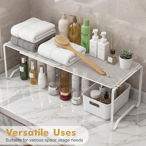 Extendable Dense Mesh Metal Shelf - 15-24.4in Adjustable Stackable Organizer for Kitchen, Bathroom, Shoe Cabinet & Tool Closet, Dust-Proof Small Item Friendly Storage Rack (1 Piece, Black) - color: Black, size: 1 Piece