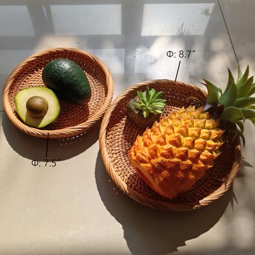 Set of 2 Round Rattan Fruit Bowls (8.7 Inch) – Handwoven Wicker Bread Baskets for Serving – Shallow Decorative Trays for Coffee Table, Entryway Keys & Catchall – Boho Kitchen Decor - size: 8.7"*2