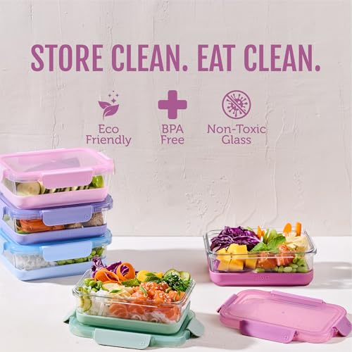 Ello Duraglass Refresh 3.4 Cup Meal Prep Sets 10Pc, 5 Pack Set- Glass Food Storage Container with Silicone Boot and Airtight BPA-Free Plastic Lids, Dishwasher, Microwave and Freezer Safe,Dusk Delight - color: Dusk Delight, size: 3.4 Cup