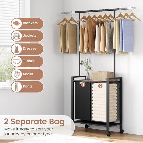 Laundry Sorter, Rolling Laundry Hamper 2-Section with Hanging Rack & Wheels,Laundry Basket Organizer for Laundry Room, Rustic Brown