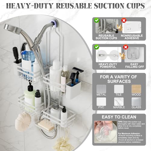 Shower Caddy Hanging for Bathroom Organizers and Storage - 3-Tier Adjustable Anti-Swing Shower Organizer Hanging with Heavy-Duty Suction Cups, Damage-Free Rustproof (White) - color: WHITE, size: width