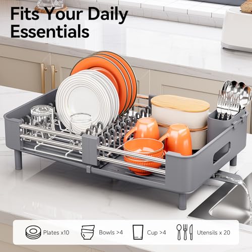 Urackify Stainless Steel Dish Drying Rack - Dish Drainer for Kitchen Counter, Extendable Drainboard with Foldable, Space-Saving Cup & Bowl Organizer, Includes Knife and Utensil Holder, Gray - color: Gray