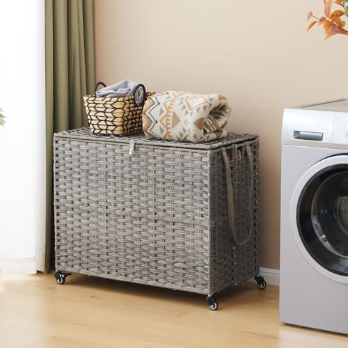 Laundry Hamper with Wheels, 52.8 Gallon(200L) Rolling Laundry Basket with Lid, 3-Section Rattan Clothes Hamper with 3 Removable Liner & 3 Mesh Bags, Laundry Sorter with Side Pocket, Grey - color: Grey, size: 200L（31.5 x 15.75 x 25.6 Inches）