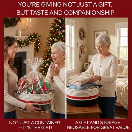 Yimi's Dream Cotton Rope Basket – Woven Gift Basket with Handles, Decorative Storage Basket for Christmas, Housewarming, Mother's Day, Shelf, Chest, Toys - color: red&black with black handle, size: Oval - 12"x8"x5"