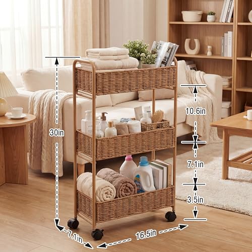 FOCHIER F Utility Slim Storage Cart,3-Tier Rolling Kitchen Office Laundry Room Cart,Mobile Shelving Unit Organizer for Living Room Bathroom Baby Diaper Narrow Places (Natural, 3 Tiers-7.1 inch (W)) - color: Natural