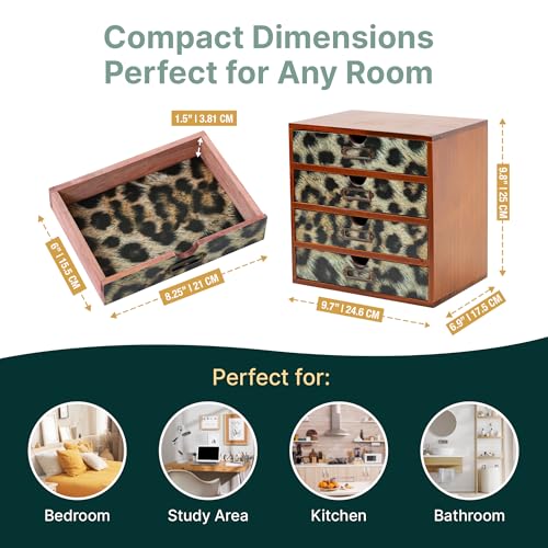 Classic Leopard Print Wooden Desk Organizer - 4-Drawer Desktop Storage - Rustic Wood Cabinet for Office Supplies, Craft Tools, & Home Organization - Luxurious Drawer Unit - color: Animal Leopard