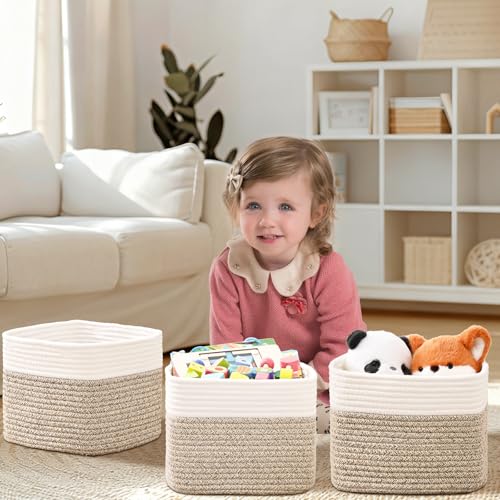 3 Pack Cube Storage Bin, 9”x9”x7” Cotton Rope Woven Baskets for Organizing Toys Clothes Towels, Square Gift Storage Baskets for Shelves, Nursery, Closet, Bathroom, Pantry (White & Jute) - color: White & Jute, size: 9" x 9" x 7"