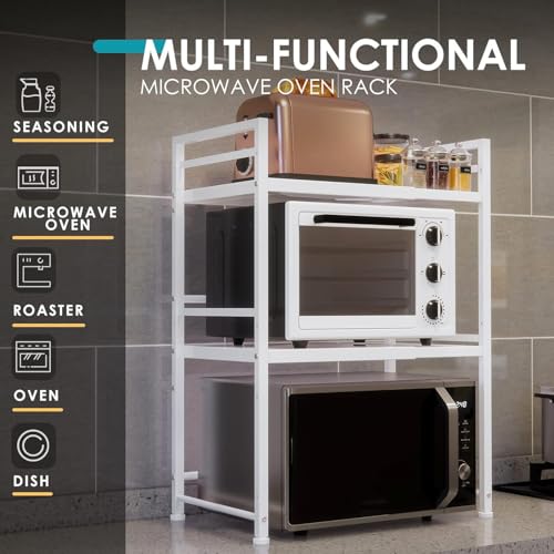 DOLALIKE Microwave Oven Rack, Expandable Microwave Stand Kitchen Countertop Organizer Utensils Storage, Carbon Steel Over Microwave Shelf with 3 Hooks (White, 3 Tier) - color: White, size: 3 Tier (Without Spice Rack)