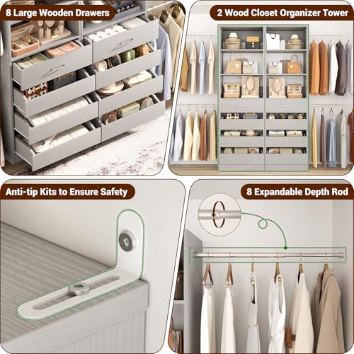 Aheaplus Closet System Set of 2, 4-9Ft Wood Closet Organizer with Drawers & Shelves, Closet Organizer System with 8 Hanging Rods, Walk-in Closets Organizer Wardrobe Closet Rack, Grey - color: Grey-2Sets