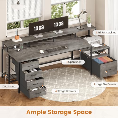 SEDETA 75'' Computer Desk with 5 Drawer, Power Outlet & Led Lights, Home Office Desk with File Drawer, Storage Shelves, Printer Cabinet and Monitor Shelf, 23.6" W Large Desktop Gaming Desk, Grey - color: Grey, size: 75X23.6inch