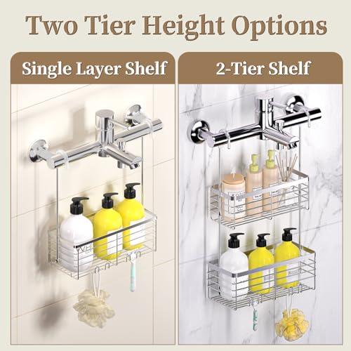 DELLAN Hanging Shower Organizer, 2-Tier Shower Rack with Hooks Over the Door, Bathroom Shower Caddy and Basket - color: Silver, size: 2-Tier 11"D x 4.7"W x 4.1"H