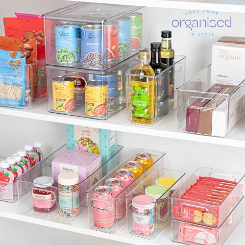Plastic Food Storage 2 Pack Clear Container Bin with Handles for Organizing Kitchen, Pantry, Refrigerator, Freezer, Pantry, Cabinet, Closet, Bathroom. 10”x4”x6” - size: 10x4x6