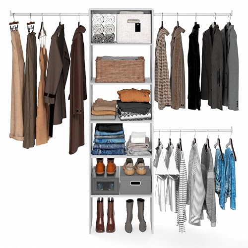 Furinno FANO Closet Organizers and Storage, 5-Tier Wide Closet Storage Organizer with 3 Hanging Bars and Adjustable Shelf, Wardrobe Closet Shelf Tower, 14.8 x 23.6 x 82.1 for Wardrobe, Bedroom, White - color: White, size: 3-Hanging-Bar, 23.6" Wide Shelf