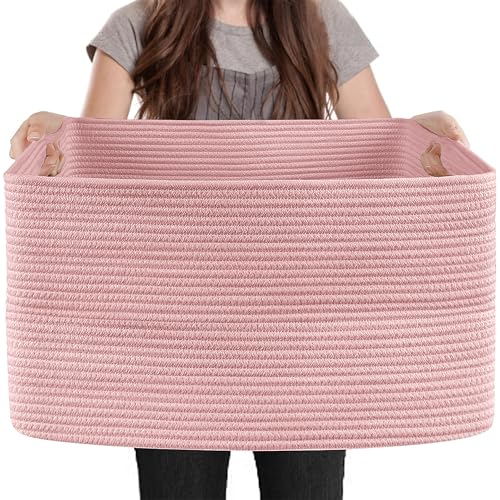 MEGASKET Extra Large Pink Storage Basket, 23.6" x 17" x 12" Rectangle Blanket Basket Living Room, Woven Cotton Rope Basket, Toy Basket Bins, Pink Baskets for Decor, Wicker Baby Laundry Basket - color: Pink, size: 23.6"x17"x12