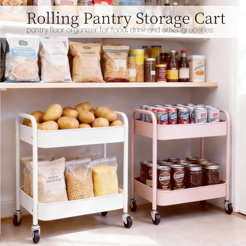 Pink 2 Tier Rolling Cart Metal with Wheels Under Desk Storage Cart for Small Space Organization, Small Trolley for Pantry Room Laundry Bathroom Kitchen Office Art Snack Baby Supplies - color: Pink