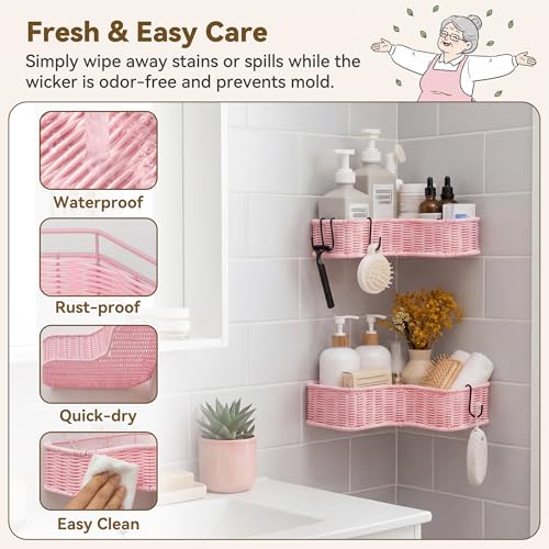 GRANNY SAYS 2 Pack Wicker Corner Shower Caddy Hanging, Shower Shelf for Inside Showers, Adhesive Shelves for Bathroom Organizers and Storage, Bathroom Shelves Wall Mounted with 4 Hooks for Decor, Pink - color: Pink, size: Corner