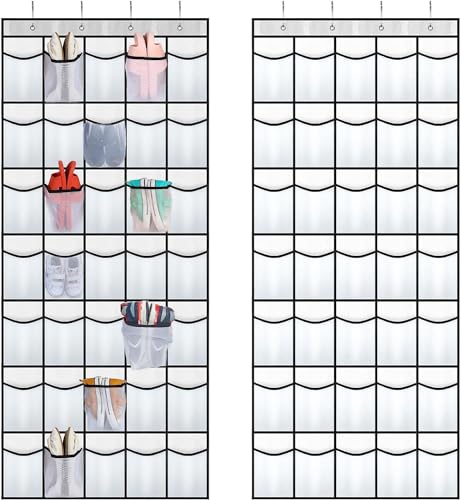 28 Large Pockets Over The Door Shoe Organizer, Hanging Shoe Organizer for Closet, Premium Clear Shoe Rack for Door, Shoes Hanger Organizers Storage Holder for Back of Door and 4 Metal Hook White - color: White, size: 28 Pockets