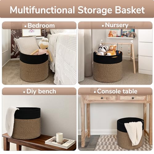 Goodpick Woven Rope Storage Basket, Blanket Basket for Towel, Shoe, Clothes, Large Toy Storage for Playroom, Living Room, Nursery, Toy Bin, Black - color: Black & Mix Jute, size: 15.8x15.8x13.8 Inch (Pack of 1)