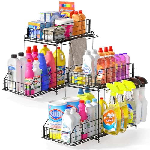 SUEH DESIGN Under Sink Organizers and Storage, 2 Tier Metal Under Sink Storage with Hanging Rail for Kitchen Bathroom Cabinet Organizer, 2 Pack - size: 10.3"W x 15.6"H Wider 2 Pack