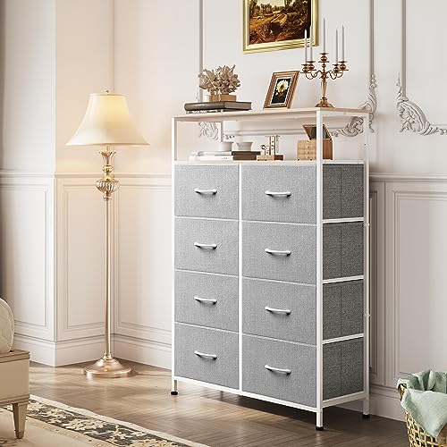 WLIVE Fabric Dresser for Bedroom with Open Shelves, Tall Dresser with 8 Drawers, Storage Tower with Fabric Bins, Chest of Drawers for Closet, Living Room, Hallway, Light Gray - color: Light Grey, style: Raised Shelves