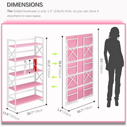 4NM Extra Wide 5 Tiers No Assembly Book Shelves, 51.2" H Folding Bookshelf Bookcase Open Industrial Foldable Shelves for Bedroom, Living Room, Home Office - Pink White - color: Pink White, size: Wide XX 5-Tier