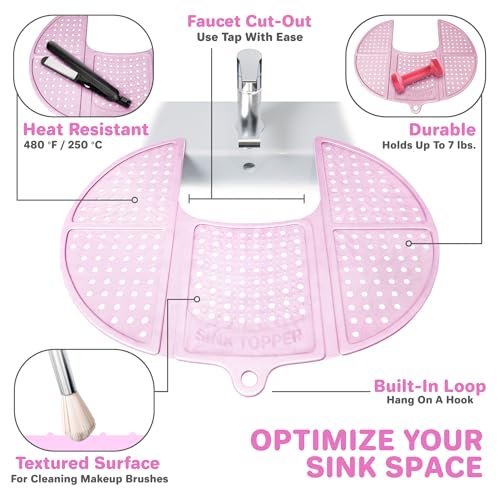Sink Topper Bathroom Counter Cover & Storage Saver, Foldable Silicone Mat for Hot Tools, Hair Styling & Makeup, Beauty Brush Cleaning Mat, RV Camper Sink Cover & for Small Spaces (Standard Pink) - color: Pink, size: Standard