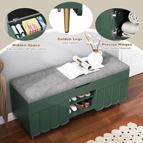 3More 40" Entryway Shoe Storage Bench,Upholstered Hidden Space Beneath Seat Cushion Bench,2-Tier Unique Geometric Shape with Wood Grain,Green - color: Green
