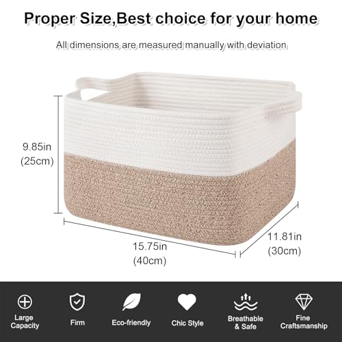 OIAHOMY Woven Storage Basket for Shelves, Rectangle Cotton Rope Baskets for Organizing, 16 x 12 x 10 in, Storage Bins for Dog Toys,Towel,Books,Gift,Brown and White - color: Brown and White, size: 16"x12"x10"
