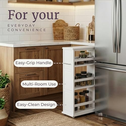 Lavish Home 3-Tier Slim Rolling Storage Cart - 16.7” x 9” Narrow Rolling Cart with Handle and Wheels for Bathroom, Laundry Room, and Kitchen Organization - Pull-Out Home Organizers (White) - color: White, size: 16.7”W x 9”D