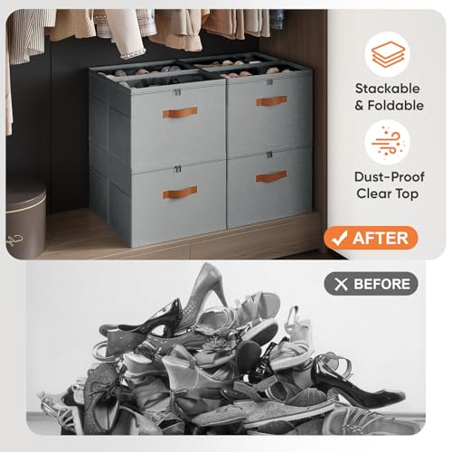 2 Pack Shoe Organizer for Closet,Foldable Shoe Storage Organizer with Adjustable Dividers, Shoe Storage Box with Clear Cover, Fits up to 16 Pairs, Gray - color: Gray, size: 2 Pack