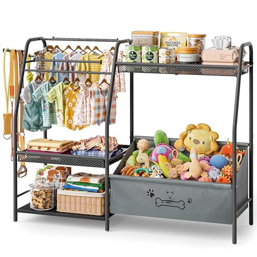 Lomivra Large Dog Toy Basket with Dog Storage Organizer, Trapezoid Toy Bin Box with Collar Leash Holder Hook, Dogs Toy Holder Chest Pet Storage Cabinet for Living Room Dogs Essentials - color: Black