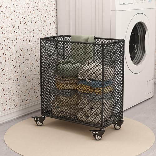 Black Metal Laundry Basket with Wheels, Rolling Laundry Hamper Cart Metal Mesh Laundry Clothes Sorter Storage Cart Organizer Basket Durable for Home - color: Black
