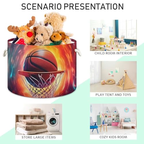 Basketball Print Round Storage Basket Abstract Fire Sports Ball Large Laundry Hamper 20 x 20 x 14 Inches Organizer Bin with Handles Clothes Storage Bag for Nursery Bedroom Living Room Decor - color: Orange