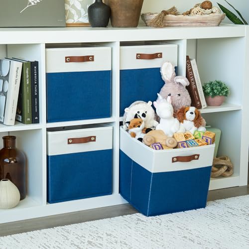 OrganiHaus 12" x 12" x 12" Fabric Cube Storage Bins - Set of 4, Cube Fabric Organizer Bins with Vegan Handles, Kallax Storage Cubes, 12 Inch Cubic Baskets for Shelves - Navy Blue - color: Navy Blue Base / Off-White, size: (12x12) Leather Handles