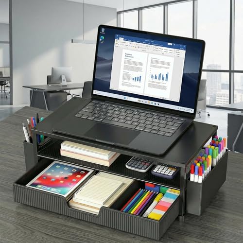 ECOLOVI Desk Organizer and Accessories, 2-Tier Computer Monitor Stand Rise with Storage Drawer & 2 Pen Holders, Laptop & Printer Stand for Desktop, Workspace Organizers for Office Supplies (Black 2-Pack)) - color: Black 2-Pack