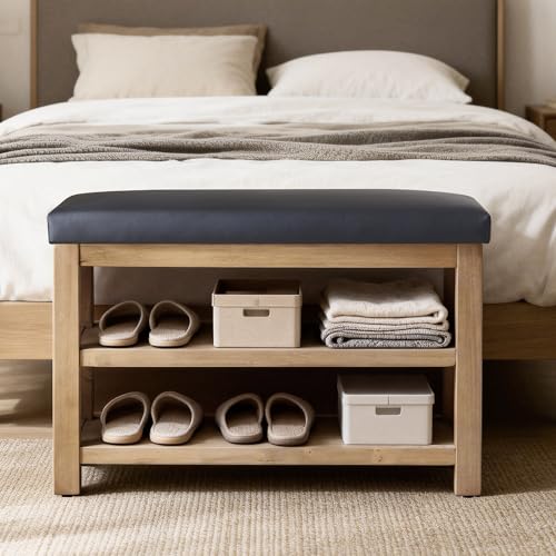 Zihanhome Shoe Rack Bench with Leather Cushion, 2 Tier Solid Wood Storage Bench, Mid-Century Modern Shoe Bench for Entryway, Hallway, Closet, Front Door Entrance, Foyer (Black, 31.5) - color: Black, size: 31.5"