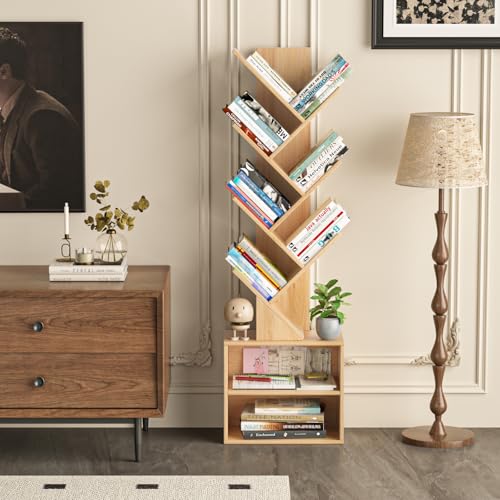 SHEEPAM 10 Tier Tree Bookshelf,Christmas Green Bookcase for Narrow Space, Storage Organizer Floor Standing Bookshelves for Books, Tall Book Case for Home Office, Living Room, Bedroom - color: Natural, size: 10 Tier