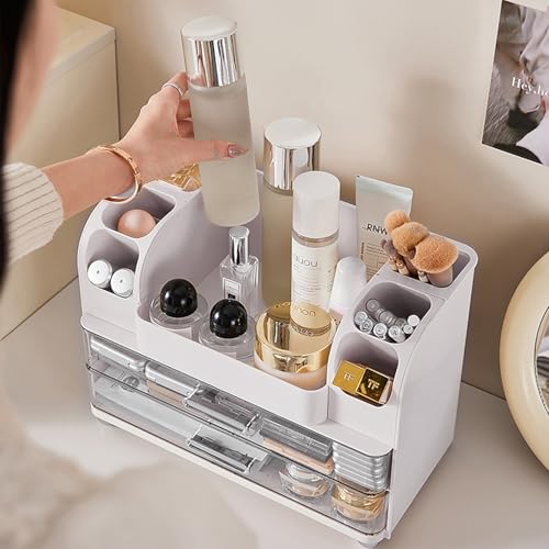 Makeup Organizer with Drawers for Vanity,Bathroom Countertop Organizer with Brushes Holder,Skincare Storage Organizer,Perfect Cosmetic Display Case for Skincare,Lipstick and Beauty Essential (White) - color: White
