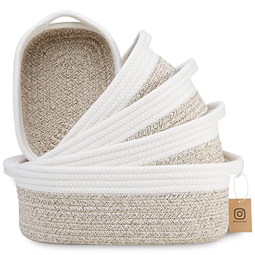 NaturalCozy 5-Piece Rectangle Storage Basket Set- Natural Cotton Rope Woven Baskets for Organizing! Small Basket for Montessori, Baby Nursery, Dog Toy Baskets, Cat Toy Box, Bathroom Organization Bin - color: Off White & Mixed Brown