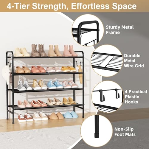 VILICK 4-Tier Shoe Rack 33" Wide Metal Shoe Organizer Long Shoe Storage with 4 Side Hooks Sturdy Shoes Shelf for Closet, Front Door Entrance, Garage, Dorm, Black - size: 4-Tier (11"x 33"x 30.5")