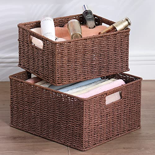HOONEX Large Woven Storage Baskets, Paper Rope With Sturdy Metal Wire Frame, for Shelves, Set of 2, Dark Brown - color: Dark Brown, size: 15 x 12.8 x 7.5 inches