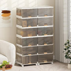 Giantex 5 Tier Stackable Storage Bins with Lids, 22.5 Gal Foldable Shoe Storage Box with Detachable Wheels & Flip-Up Doors, Collapsible Closet Organizers and Storage Bins - size: 22.5Gal-5Pack